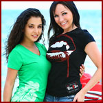 Toni Rae wearing our Wicked Stout tee, and Emily Caprice in our Vampire Teeth tee